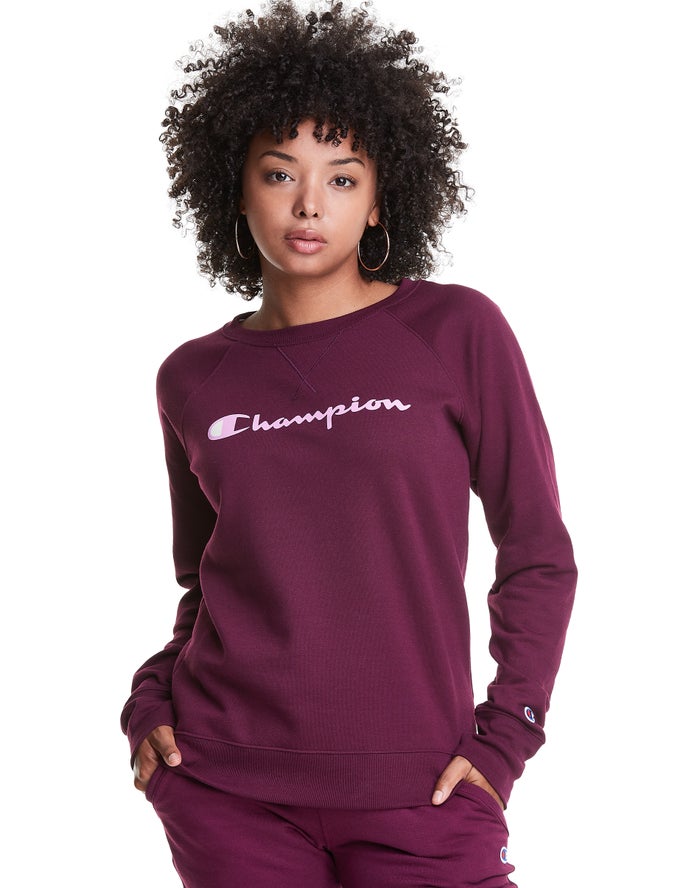 Champion Powerblend Fleece Classic Crew Script Logo Dark Purple Sweatshirt Womens - South Africa ZBW